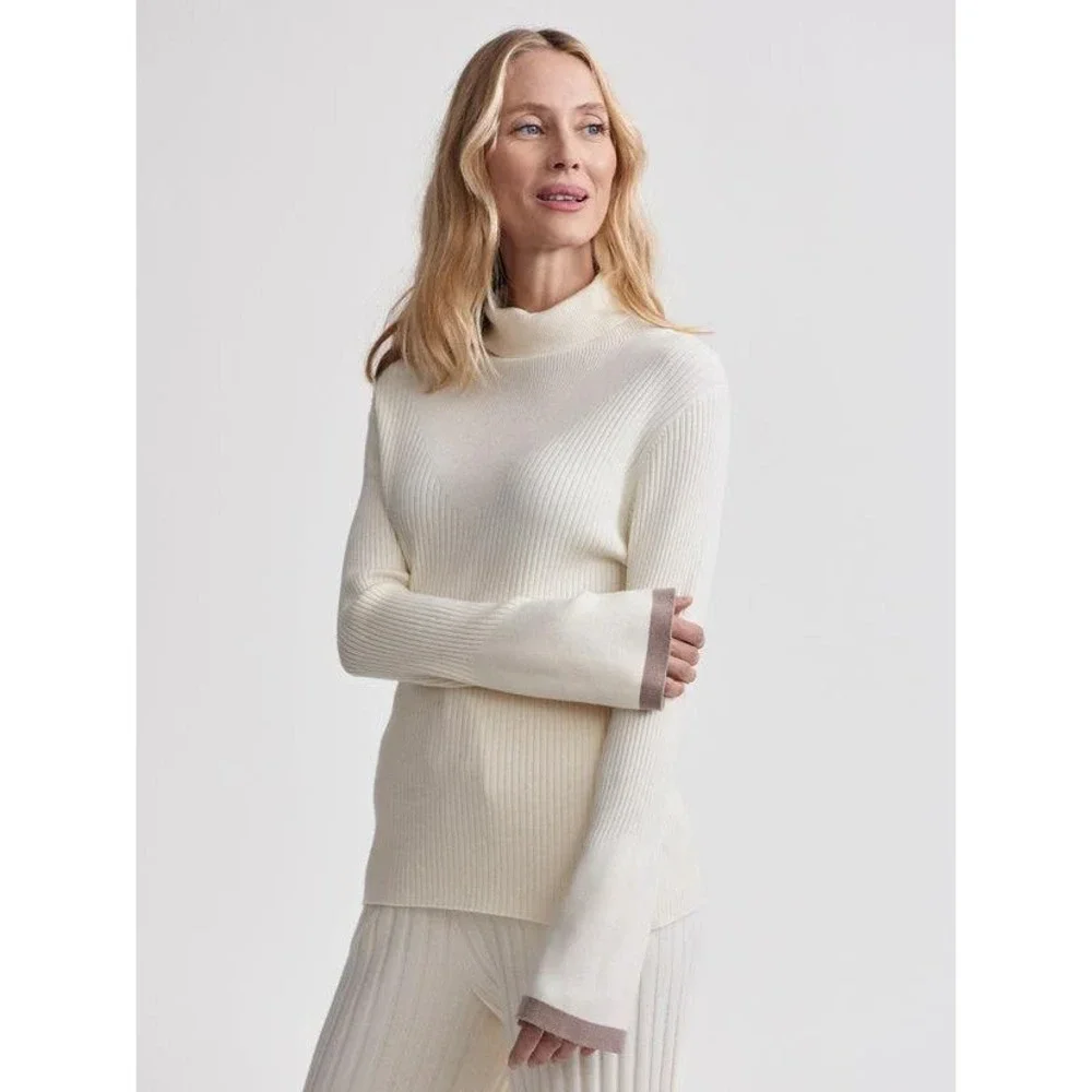 Varley Womens Ravena Rib Knit Turtleneck Top Sweater Cream Taupe Trim L Orig 128